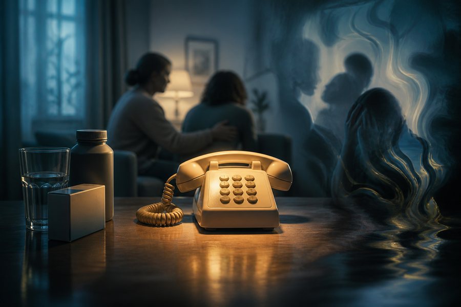 Telefon zwischen Medikamenten und einer verzerrt wahrgenommenen Umgebung