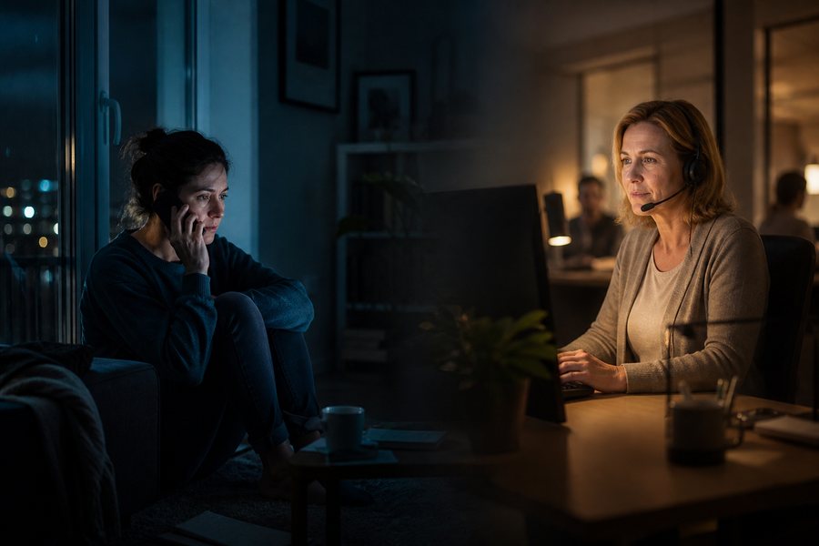 Eine ratsuchende Person telefoniert mit einer Fachkraft des Krisendienstes