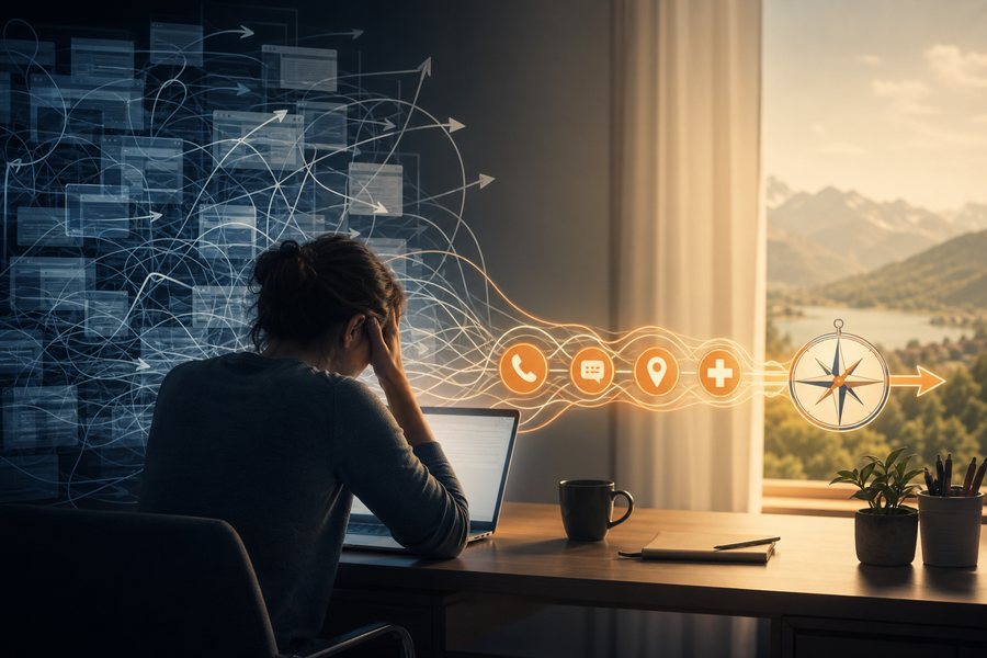 Eine verwirrende Internetsuche ordnet sich zu einem klaren Weg zur Hilfe