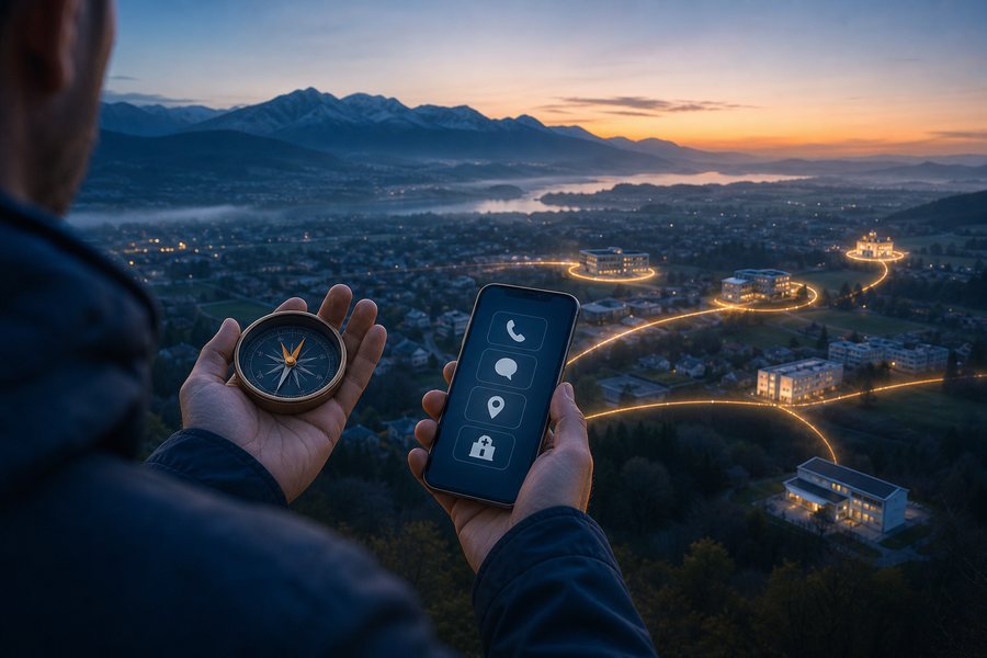 Ein Mensch hält Kompass und Smartphone vor einer bayerischen Hilfelandschaft