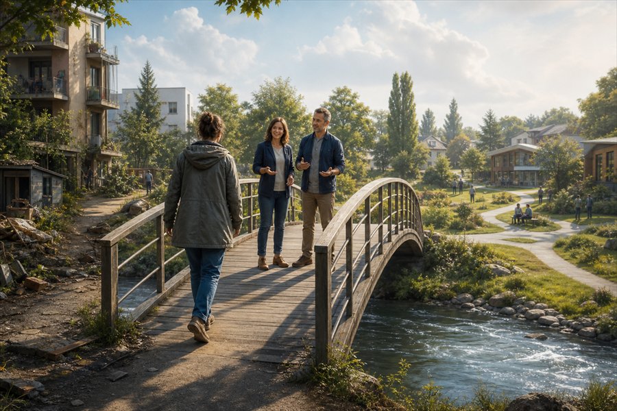 Eine Brücke verbindet einen schwierigen Weg mit erreichbarer sozialpsychiatrischer Unterstützung