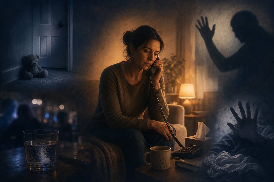 Eine Betroffene spricht am Telefon, während Erinnerungsfragmente auf Gewalt, Missbrauch und K.-o.-Tropfen hinweisen